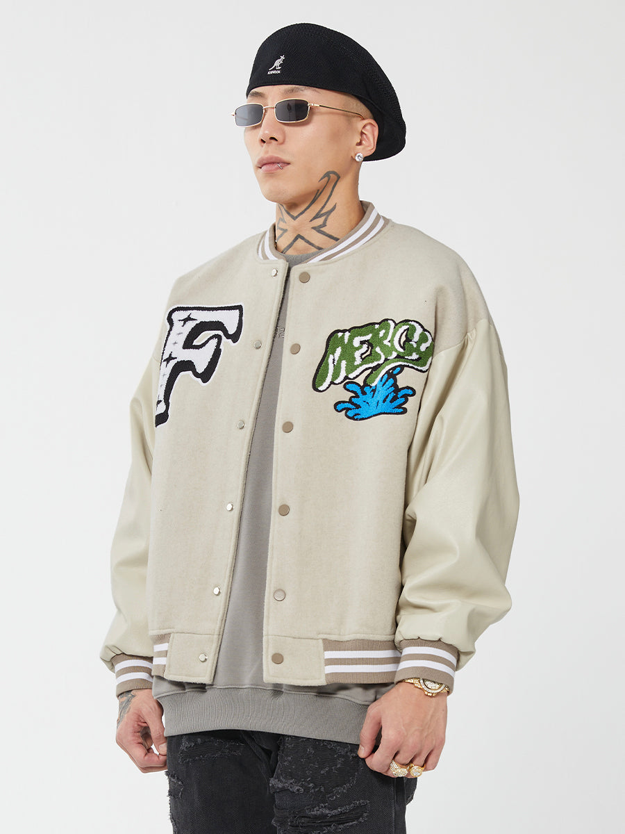 F2CE Mercy LOGO Dice Embroidered Woolen Varsity Jacket | Face 3 Face