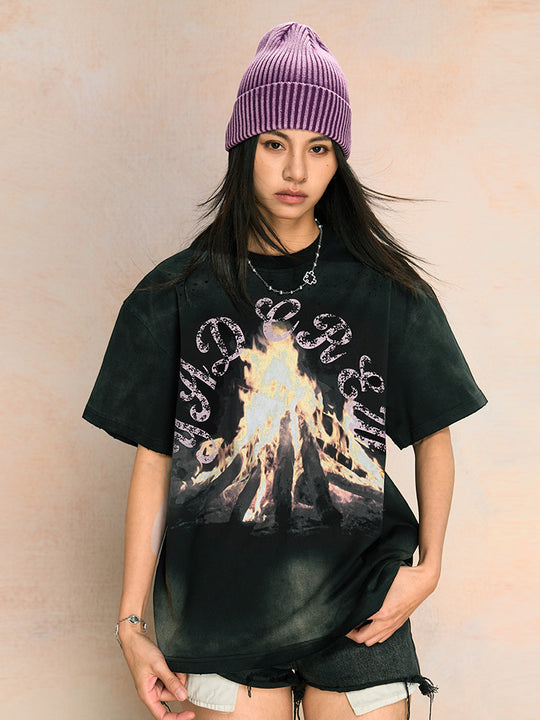 YADcrew Fire Washed & Frayed Tee