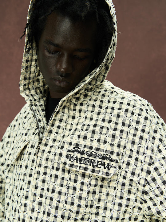 YADcrew Circle Lace Hooded Plaid Shirt Jacket