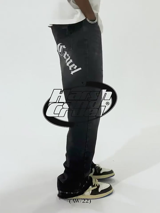 Harsh and Cruel Gothic Logo Embroidered Flared Denim
