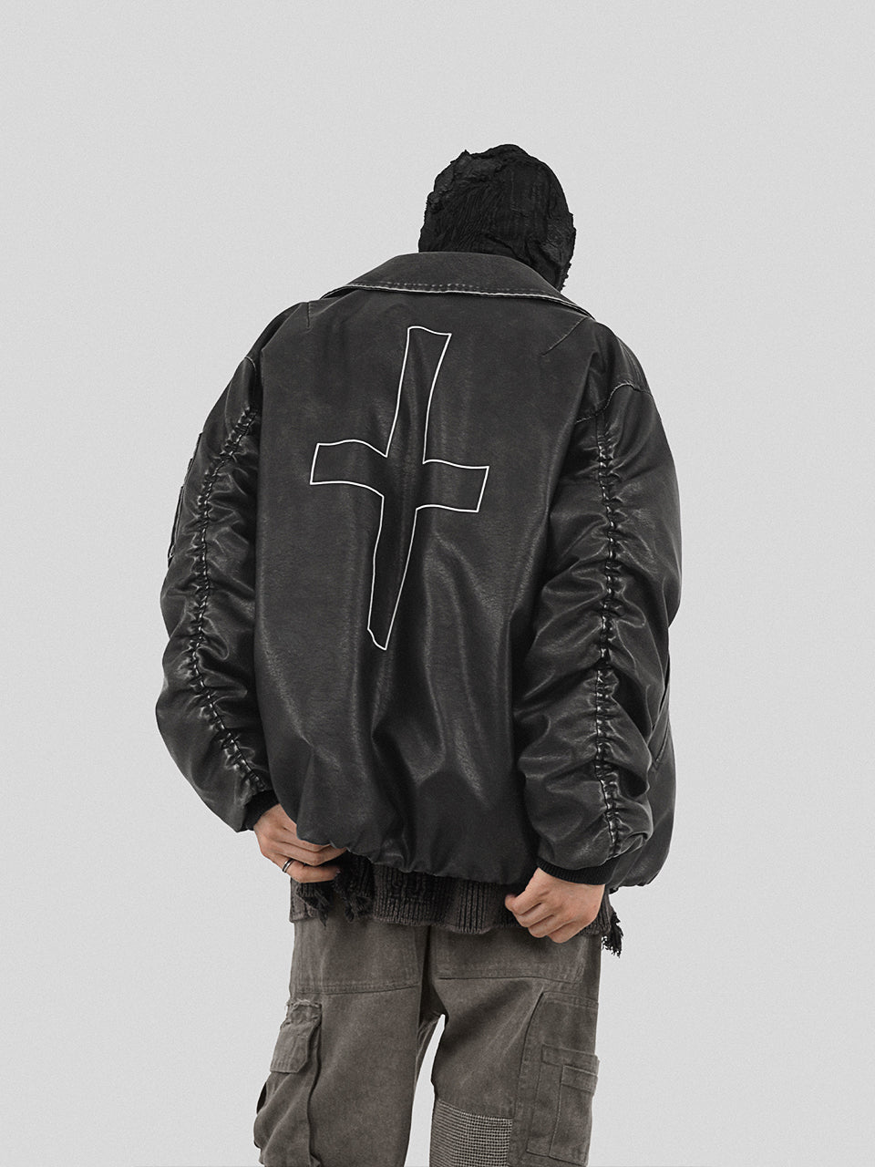 UNDERWATER Cross Embroidered Down Leather Bomber Jacket MA-1