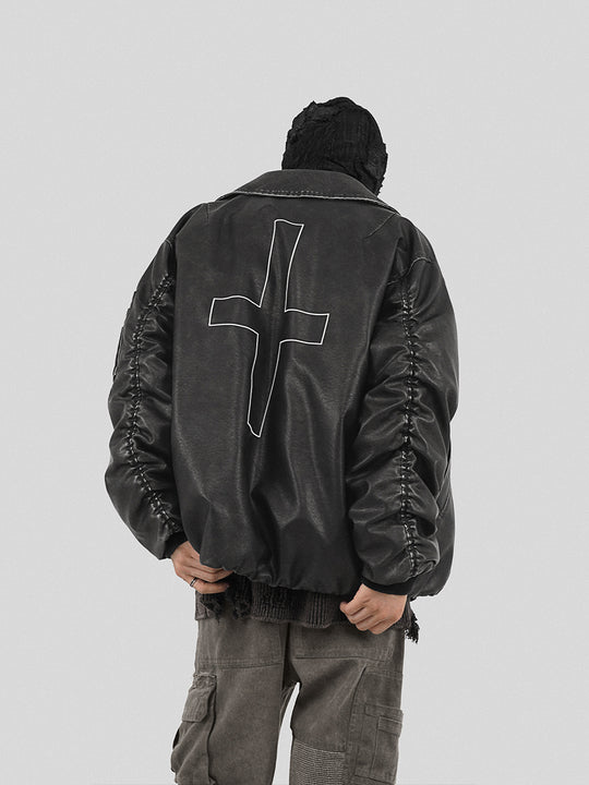 UNDERWATER Cross Embroidered Down Leather Bomber Jacket MA-1