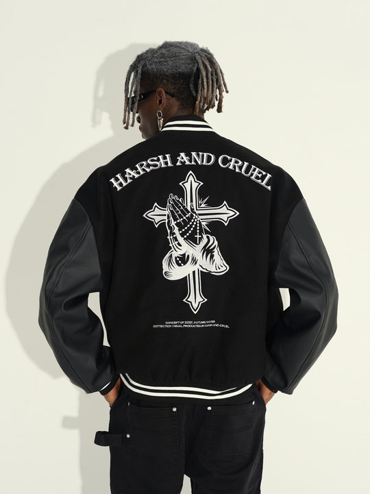Harsh and Cruel Cross Embroidered Varsity Jacket | Face 3 Face