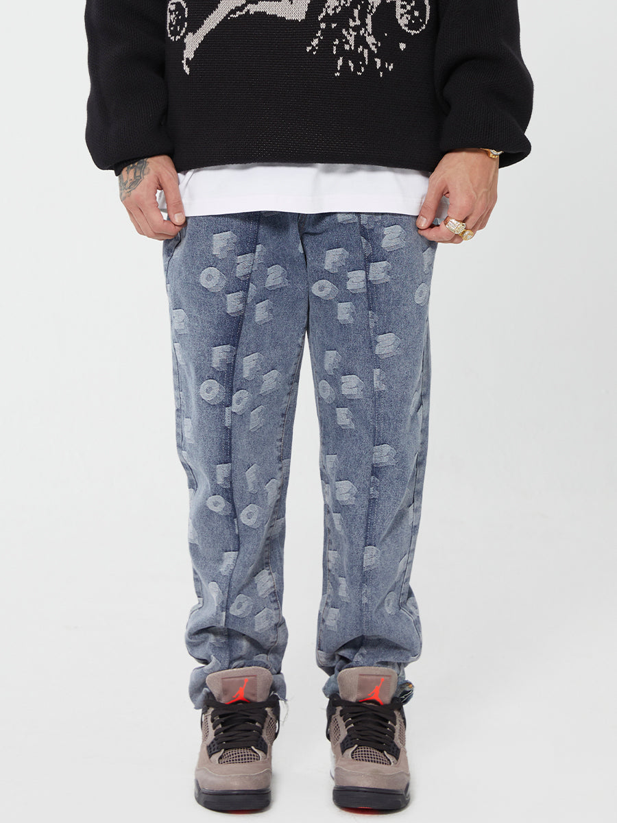 F2CE LOGO Full Of Printed Embroidered Letters Jacquard Denim Jeans Pants | Face 3 Face