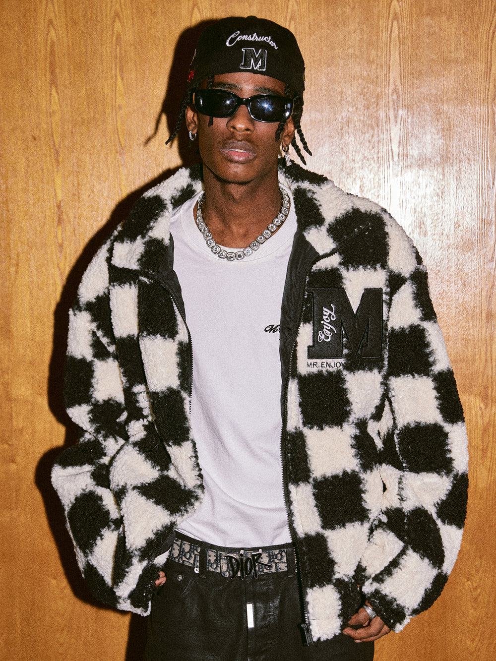 MEDM Logo Embroidered Checkerboard Sherpa Fleece Boa Jacket | Face 3 Face