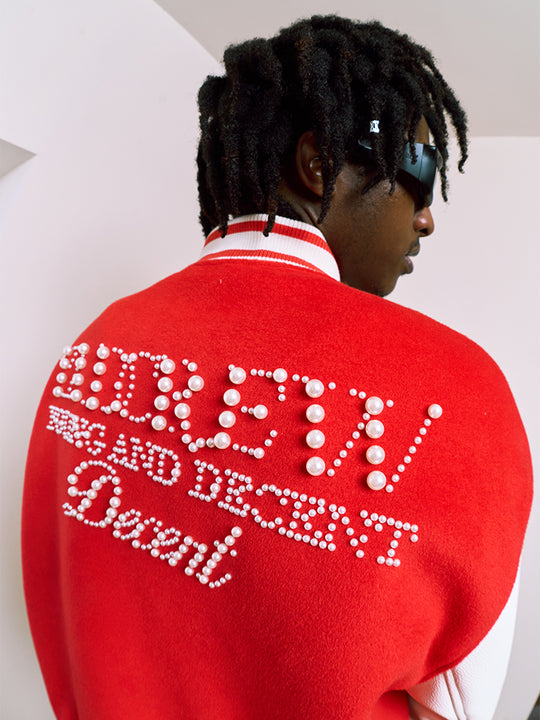YADcrew Pearl Text Typography Baseball Jacket