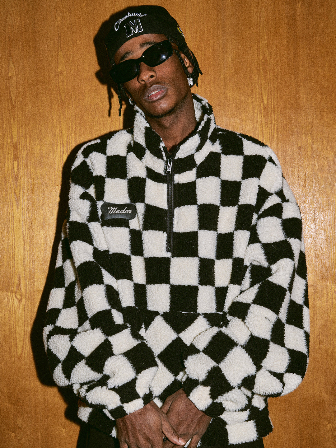 MEDM Checkerboard Sherpa Fleece Boa Pullover Jacket | Face 3 Face