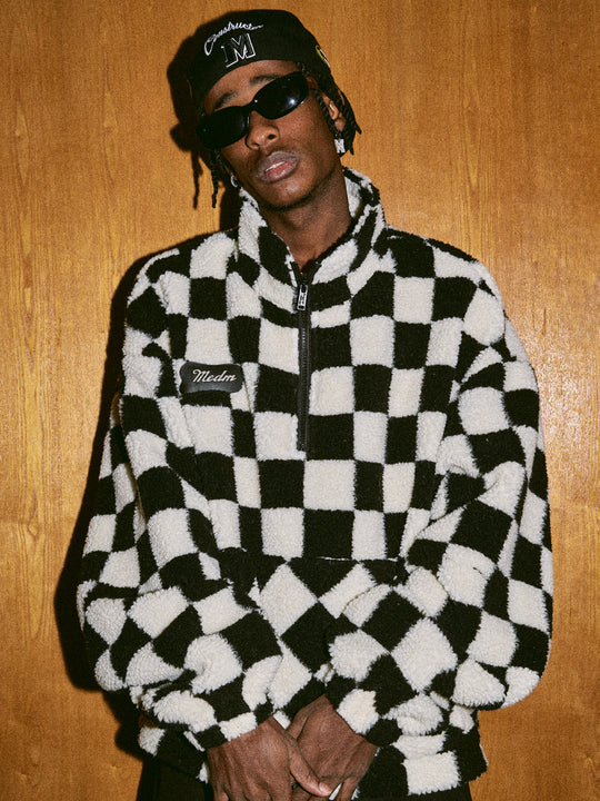 MEDM Checkerboard Sherpa Fleece Boa Pullover Jacket | Face 3 Face