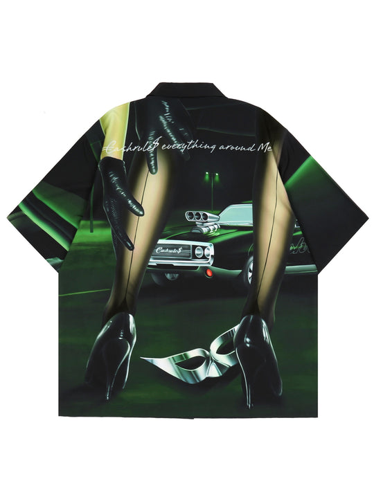 Cashrules Gangster Sports Car Print Short Sleeved Cuban Shirt