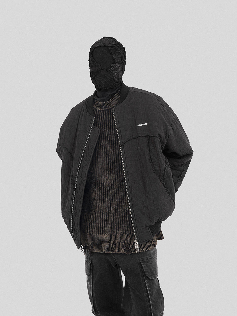 UNDERWATER Washed Textured Patchwork Bomber Jacket