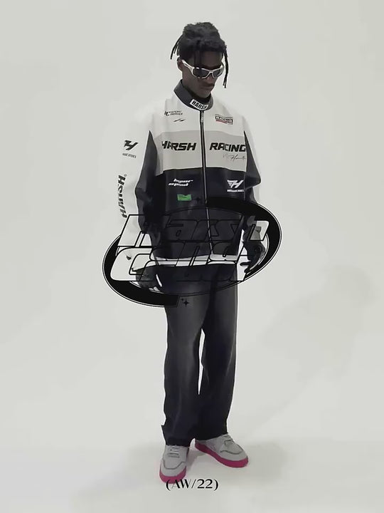 Harsh and Cruel Colorful Lapel F1 Racing Suit Faux Leather Jacket - The jacket features a colorful lapel design, inspired by F1 racing suits. It is made of faux leather material for a sleek, sporty look.