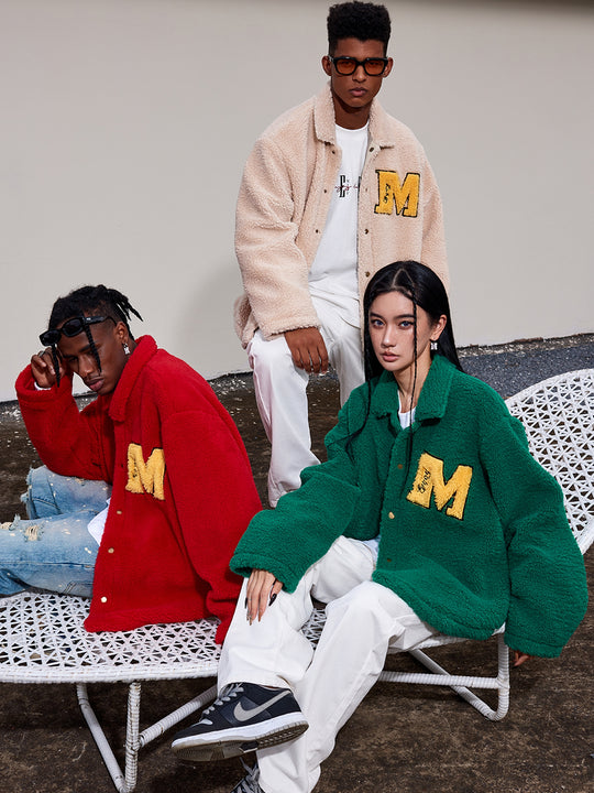 MEDM Logo Letters Embroidered Sherpa Fleece Boa Jacket | Face 3 Face
