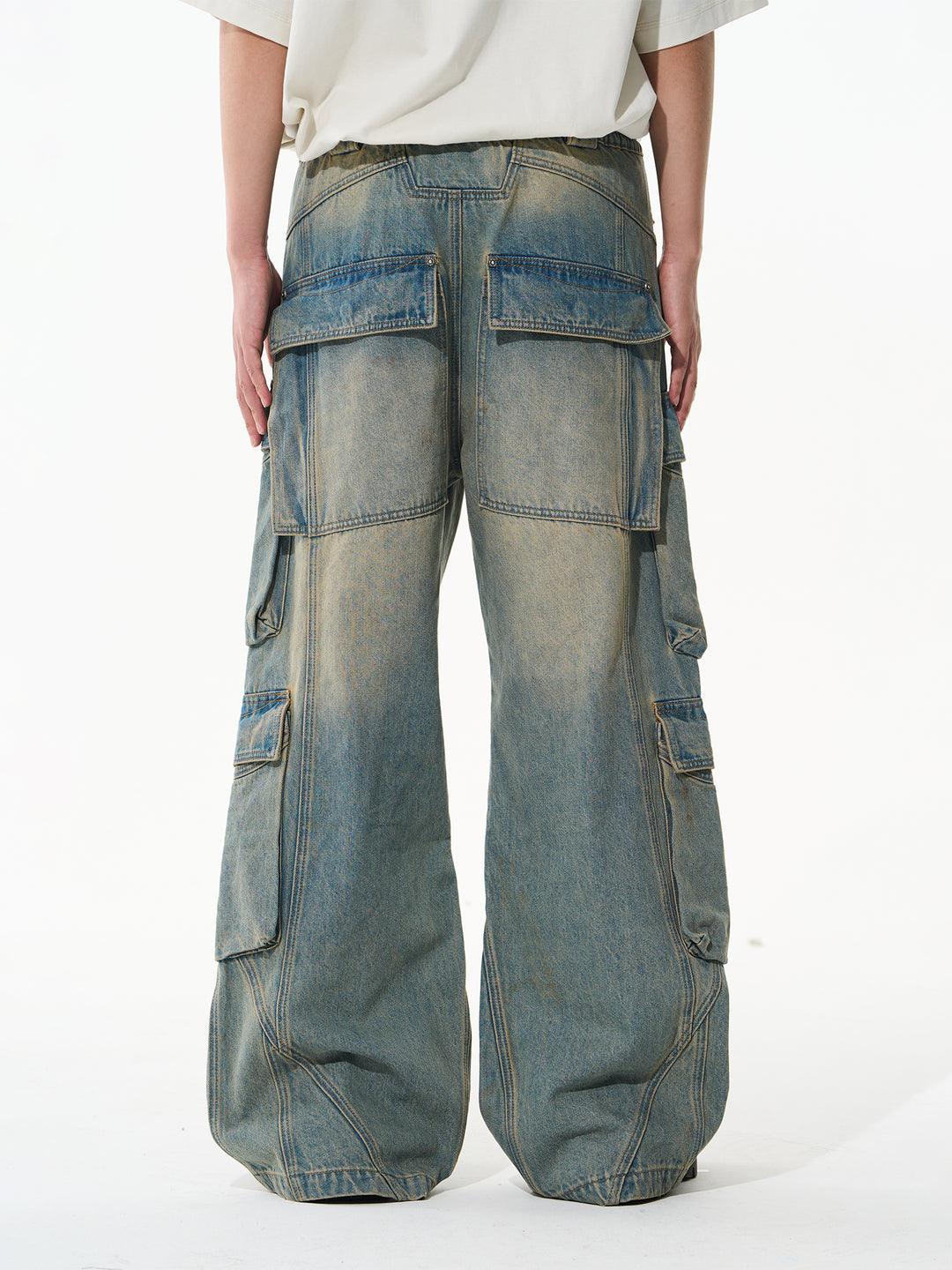 BLIND NO PLAN Aged & Washed Pocket Patchwork Denim Work Pants