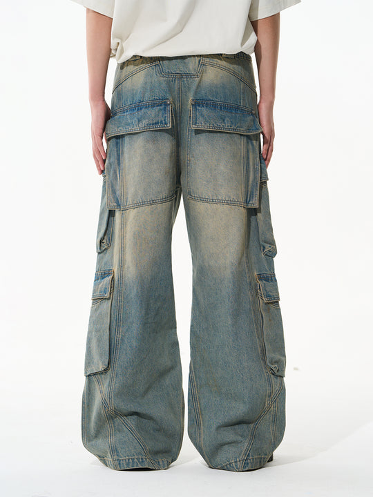 BLIND NO PLAN Aged & Washed Pocket Patchwork Denim Work Pants