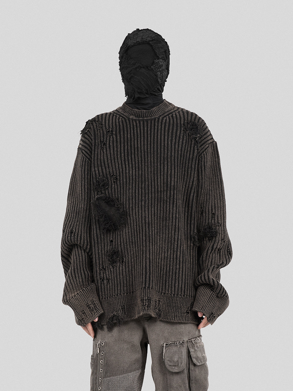 UNDERWATER Washed Handmade Destruction Patchwork Knit Sweater Gray