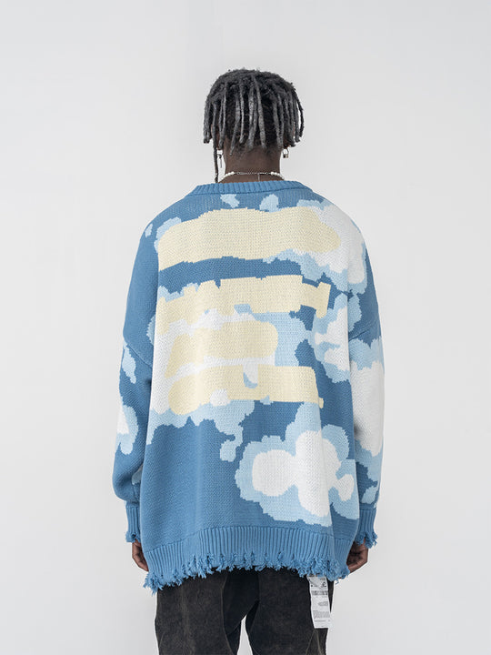 Harsh and Cruel Blue Sky Cloud Ripped Knit Sweater | Face 3 Face