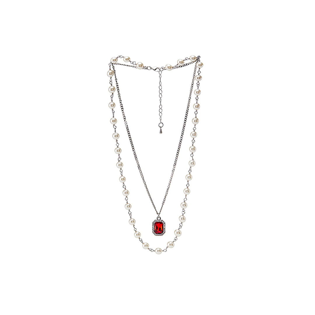 NboStore Pearl Stitching Red Gemstone Necklace | Face 3 Face