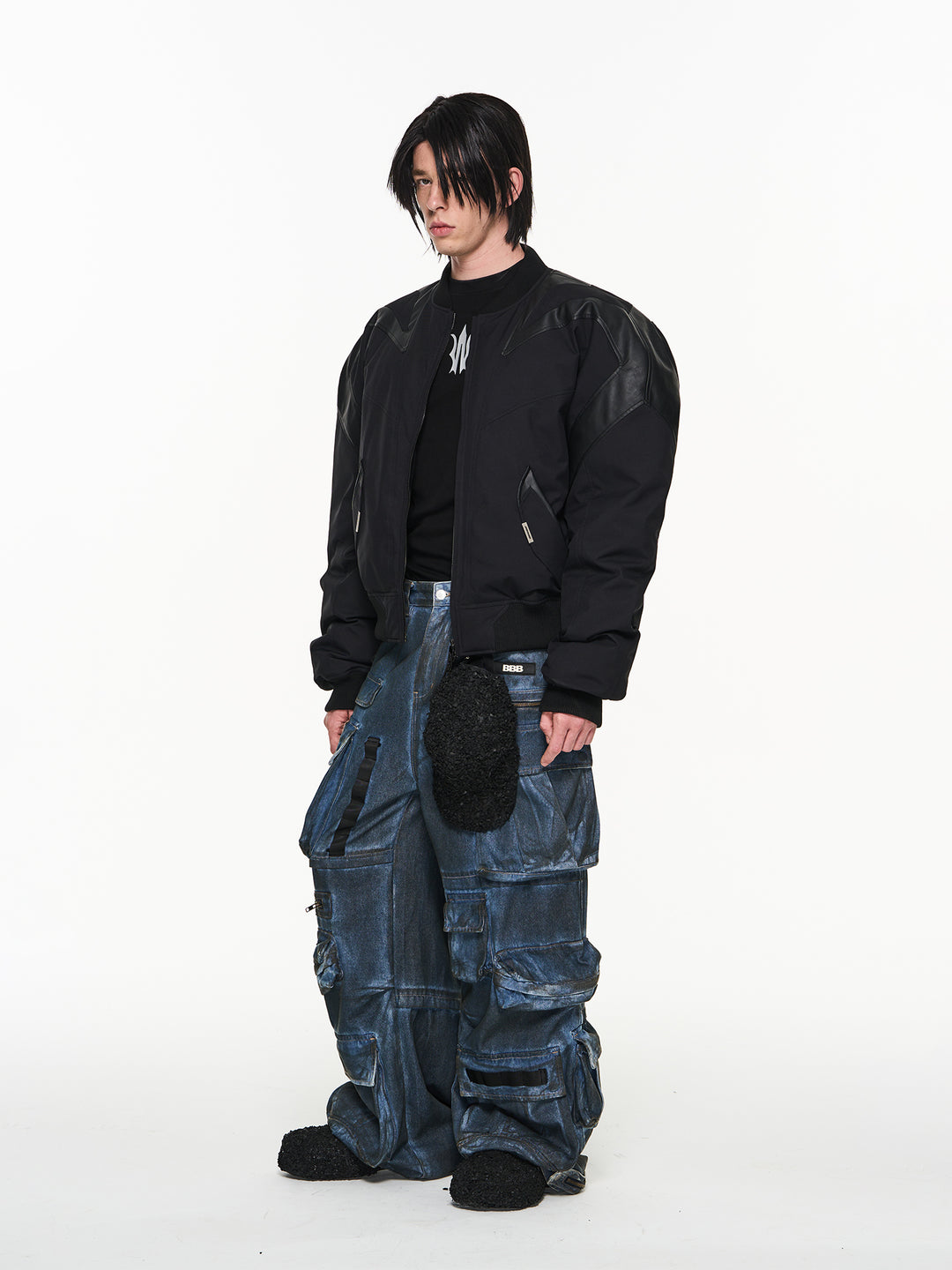 BLIND NO PLAN Mechanical Patchwork Lambs Leg Sleeve Bomber Jacket