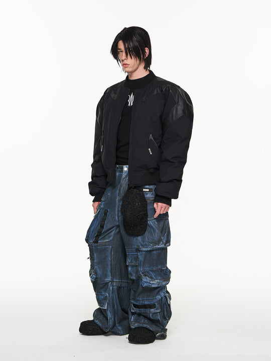 BLIND NO PLAN Mechanical Patchwork Lambs Leg Sleeve Bomber Jacket