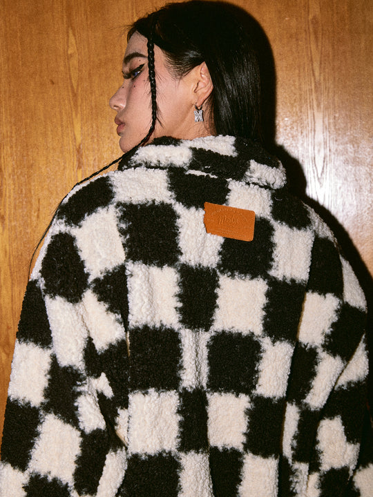 MEDM Logo Embroidered Checkerboard Sherpa Fleece Boa Jacket | Face 3 Face