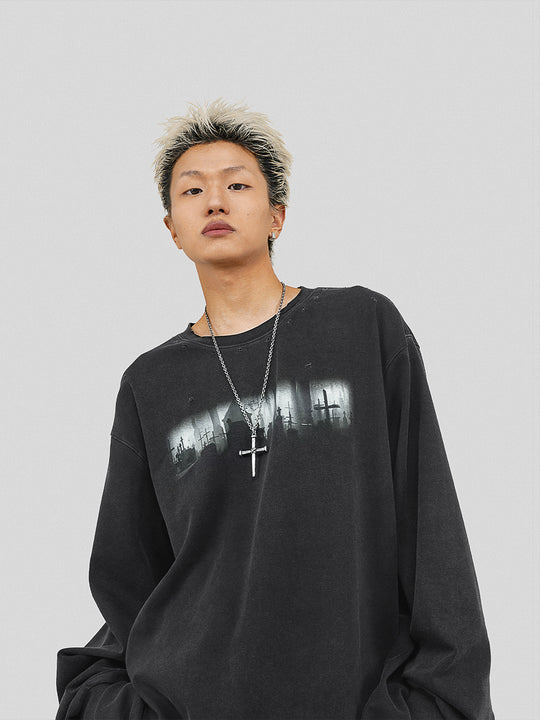 UNDERWATER Cemetery Printed Long Sleeve Tee