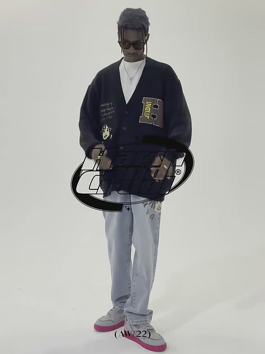 Harsh and Cruel Cartoon Face Knit Sweater Cardigan