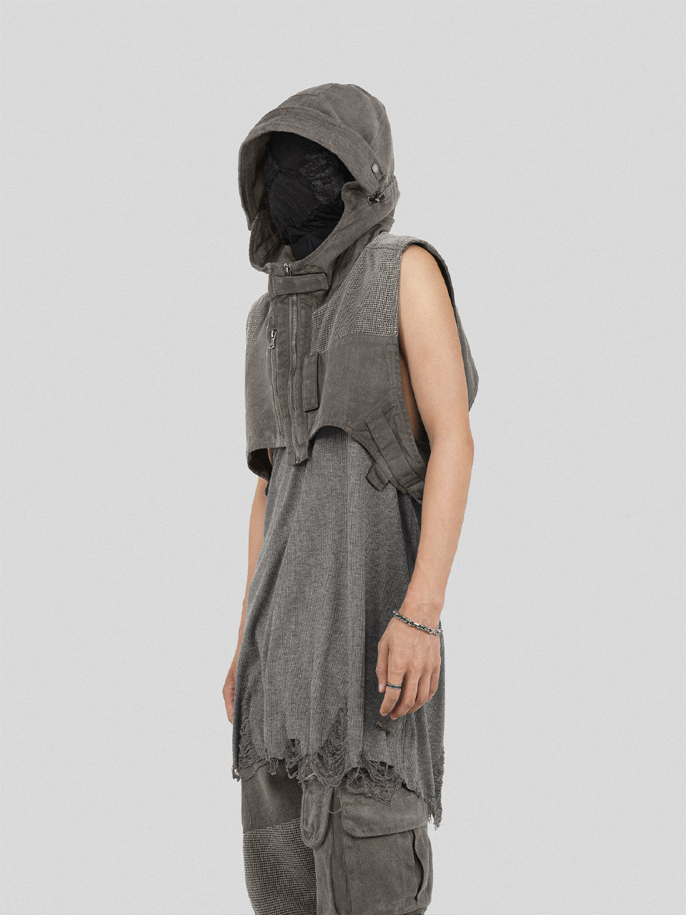 UNDERWATER Wasteland Dirty Scavenger Mesh Patchwork Short Hooded Vest