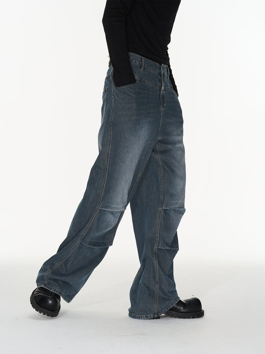 BLIND NO PLAN Silhouette Pinch Pleat Washed Denim Jeans