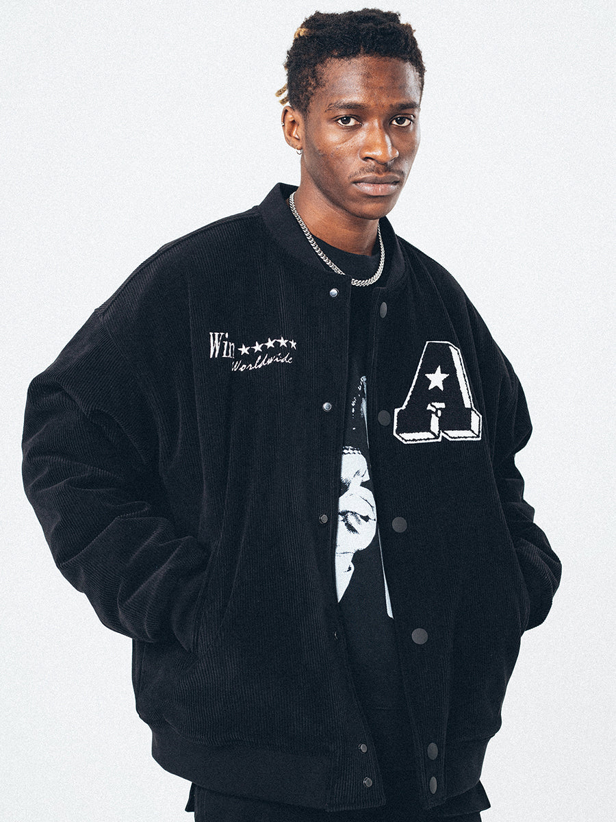 ANTIDOTE 90210 Embroidered Corduroy Varsity Jacket | Face 3 Face