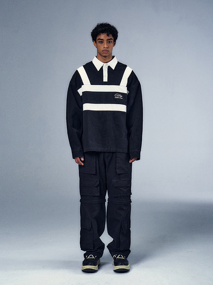 YADcrew x BIPOLAR Embroidered Long Sleeve Patchwork Polo Shirt