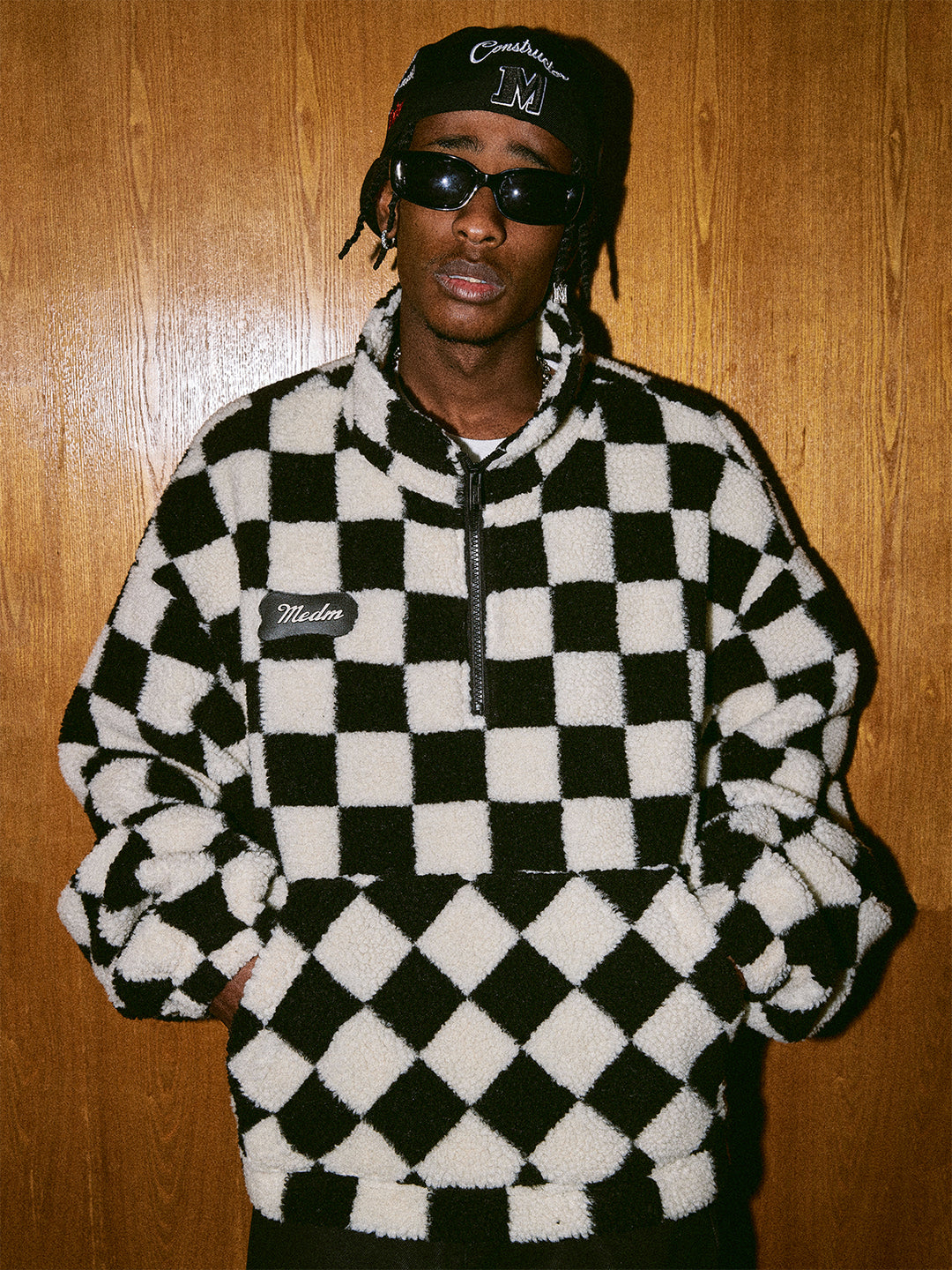 MEDM Checkerboard Sherpa Fleece Boa Pullover Jacket | Face 3 Face