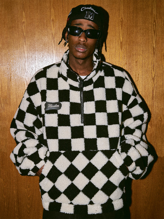 MEDM Checkerboard Sherpa Fleece Boa Pullover Jacket | Face 3 Face