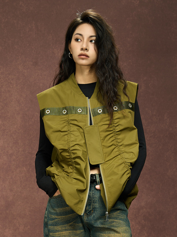 YADcrew Drawstring Pleated Sleeveless Vest