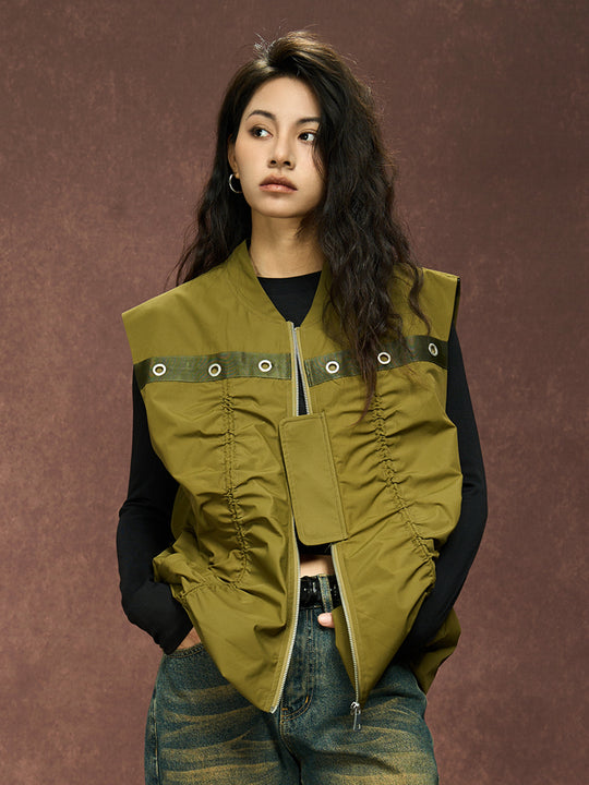 YADcrew Drawstring Pleated Sleeveless Vest