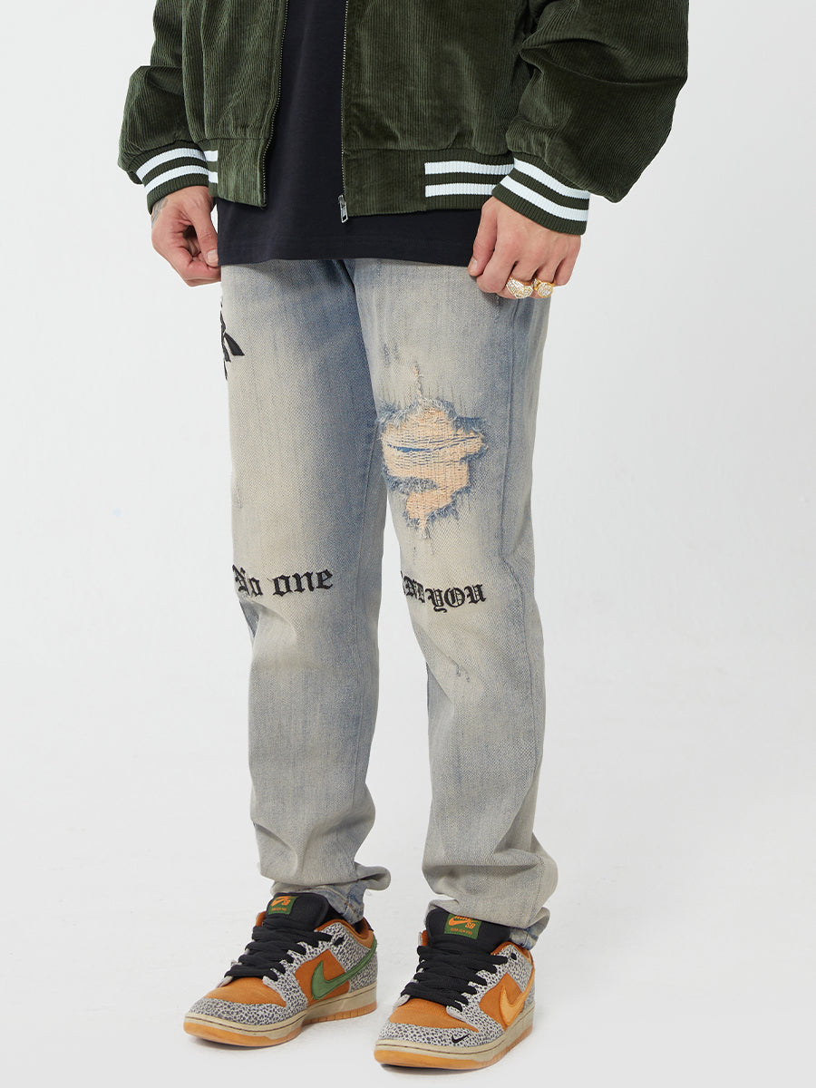 F2CE Destruction Embroidered LOGO Straight Denim Jeans Pants | Face 3 Face