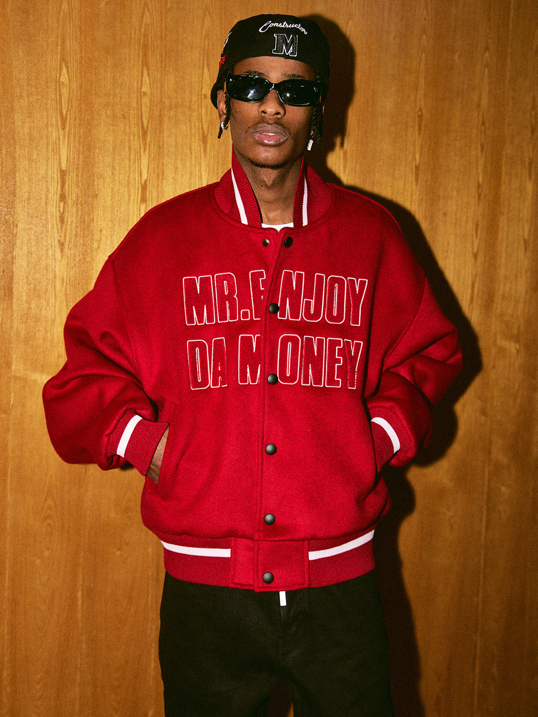 MEDM Spell Leather Logo Embroidered Varsity Jacket | Face 3 Face