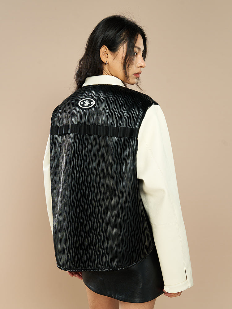 YADcrew Water Wave Pattern Leather Jacket