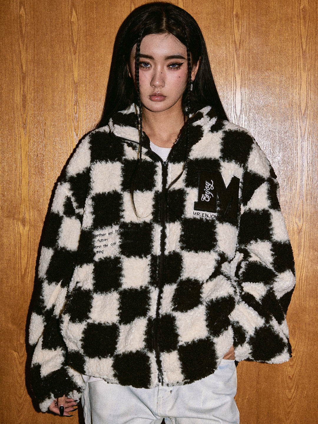 MEDM Logo Embroidered Checkerboard Sherpa Fleece Boa Jacket | Face 3 Face