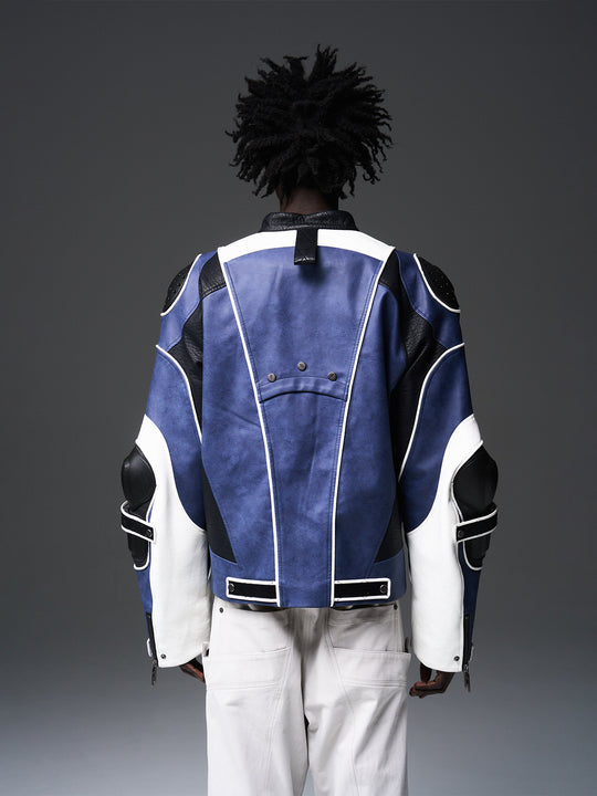 BLIND NO PLAN x BLACK8 Armor Device Patchwork Sterling Stripes Biker Jacket