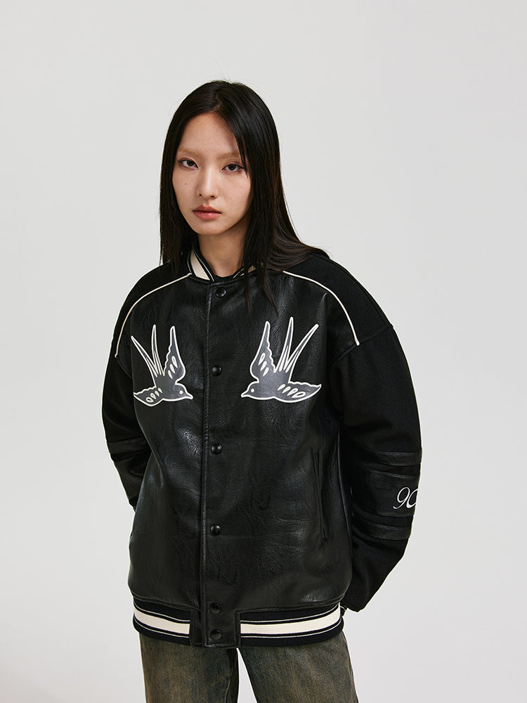 ANTIDOTE Swallow Print Leather & Wool Baseball Jacket