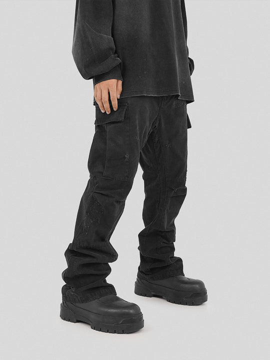 UNDERWATER Needle Embroidery Distressed Flared Cargo Work Pants