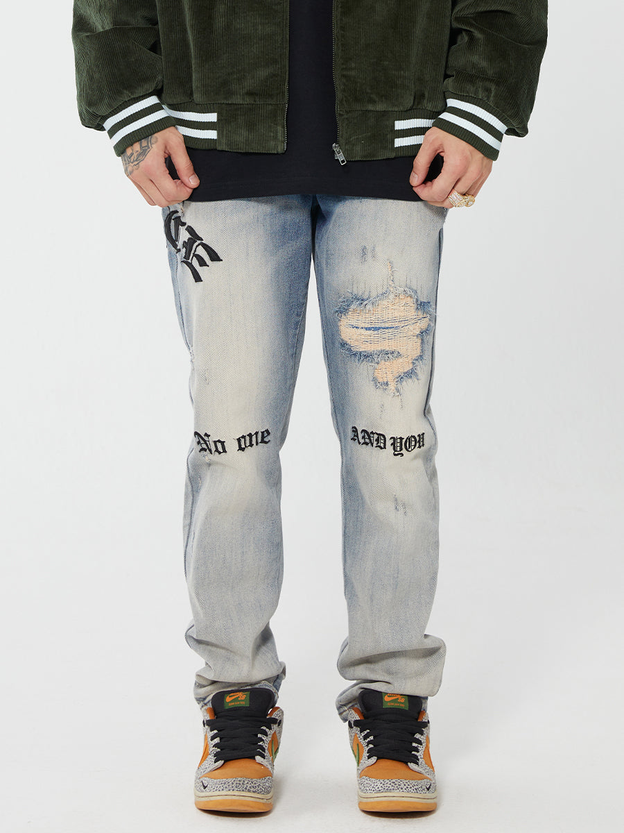 F2CE Destruction Embroidered LOGO Straight Denim Jeans Pants | Face 3 Face