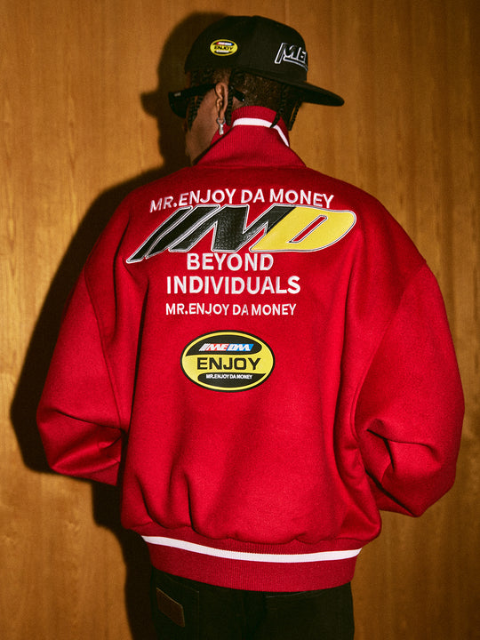 MEDM Spell Leather Logo Embroidered Varsity Jacket | Face 3 Face