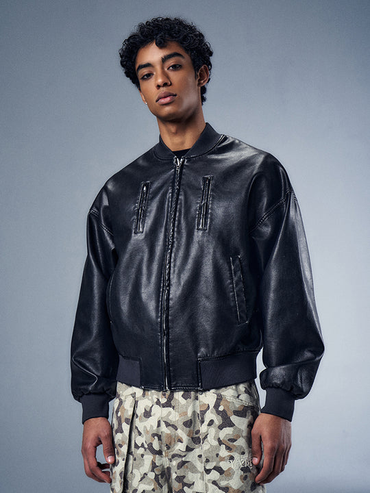 YADcrew x BIPOLAR Distressed 3D Cotton Filled Leather Bomber Jacket