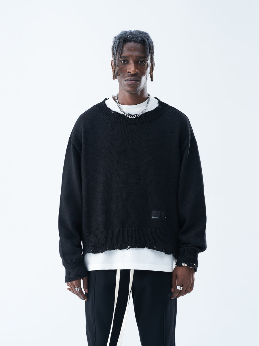 Harsh and Cruel Patch Label Distressed Knit Sweater | Face 3 Face