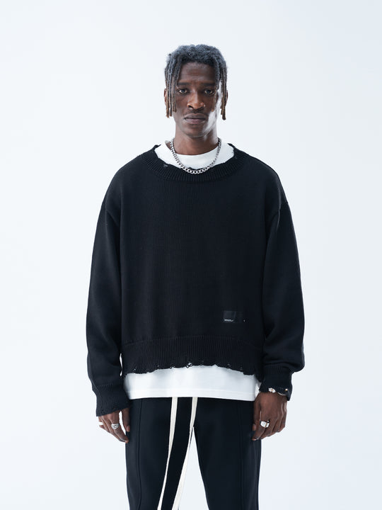 Harsh and Cruel Patch Label Distressed Knit Sweater | Face 3 Face