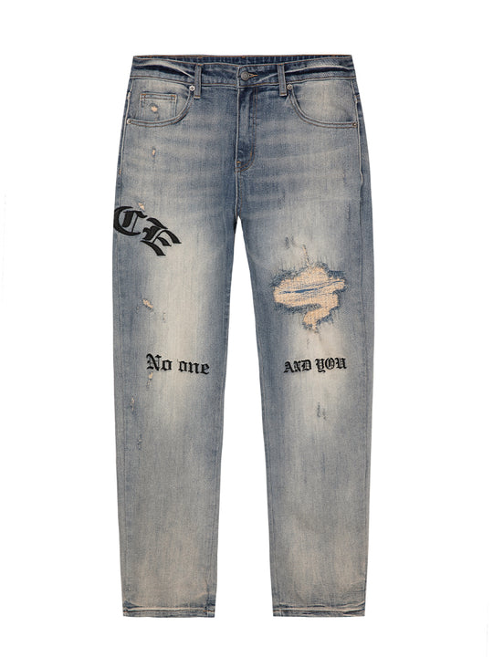 F2CE Destruction Embroidered LOGO Straight Denim Jeans Pants | Face 3 Face