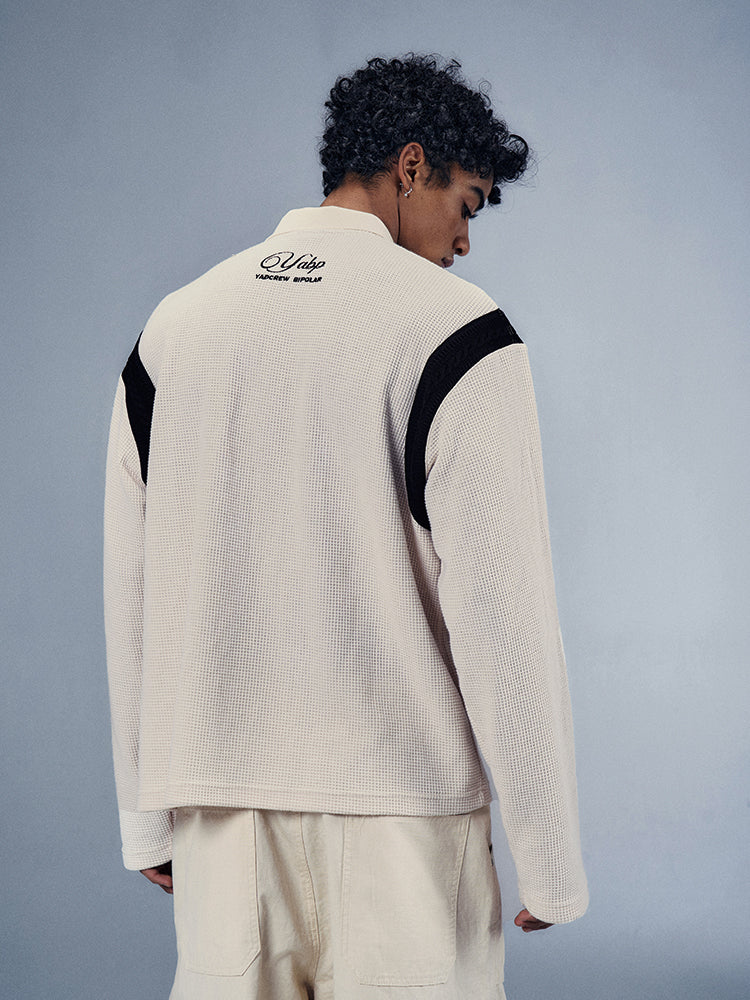 YADcrew x BIPOLAR Patchwork Embroidery Long Sleeve Polo Shirt
