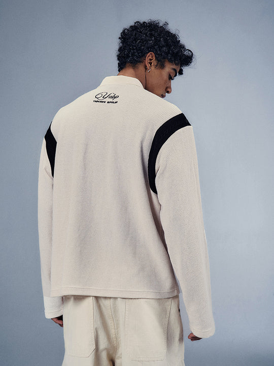 YADcrew x BIPOLAR Patchwork Embroidery Long Sleeve Polo Shirt