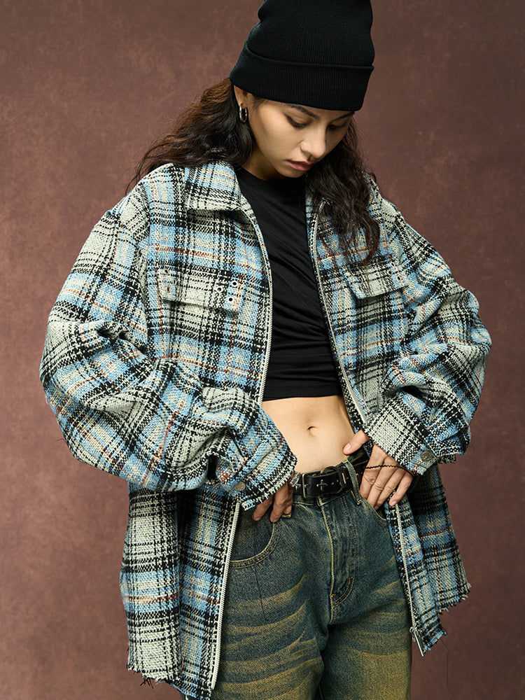 YADcrew Deconstructed Plaid Shirt Jacket